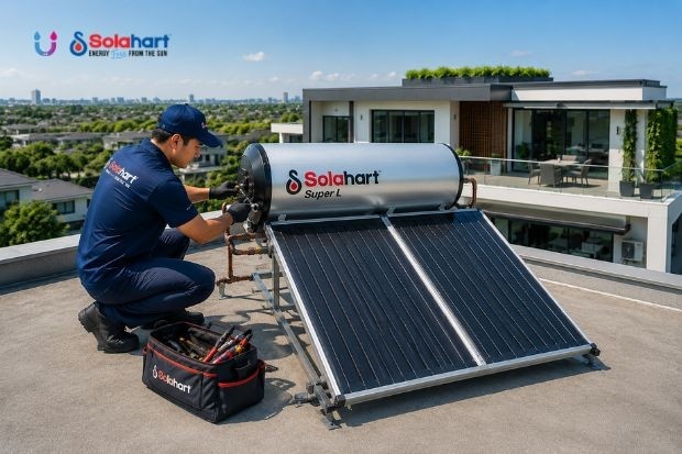 Instalasi Pemanas Profesional untuk Rumah Modern dengan teknisi memasang solar water heater Solahart pada atap rumah modern untuk menyediakan air hangat yang nyaman, aman, dan hemat energi.