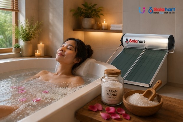Kenyamanan Air Hangat dan Garam untuk Suasana yang Lebih Menenangkan dengan momen relaksasi di bathtub menggunakan air hangat dan garam mandi, didukung sistem pemanas air Solahart yang menghadirkan kenyamanan maksimal di rumah modern