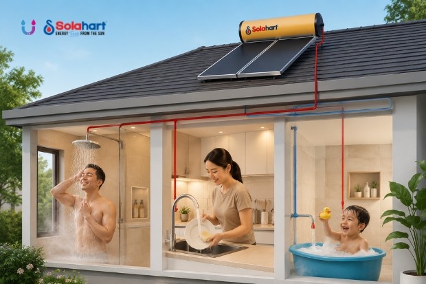 Kenyamanan Air Hangat untuk Mendukung Aktivitas Sehari Hari dengan keluarga menikmati penggunaan air hangat di rumah modern, didukung sistem pemanas air Solahart yang memberikan kenyamanan untuk mandi, mencuci, dan kebutuhan harian