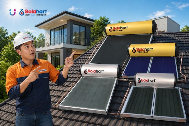 Pemanas Air Berkualitas Menjadi Pilihan Rumah Modern Masa Kini dengan solar water heater Solahart di atap rumah modern, menghadirkan pasokan air hangat yang nyaman, hemat energi, dan mendukung kebutuhan keluarga sehari hari