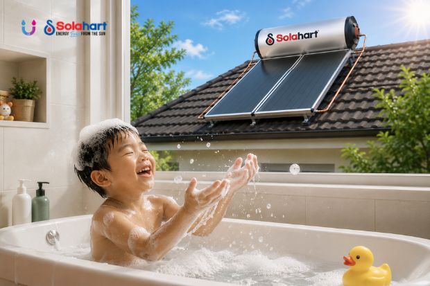 Pemanas Air Terbaik Membantu Meningkatkan Kualitas Hidup dengan solar water heater Solahart di atap rumah modern, menyediakan air hangat yang nyaman untuk mandi anak, mendukung aktivitas keluarga, dan meningkatkan kenyamanan hidup sehari hari