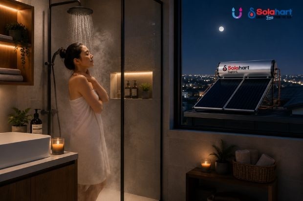 Solusi mandi malam agar tubuh lebih rileks dengan air hangat dari solar water heater modern untuk kenyamanan dan relaksasi di rumah