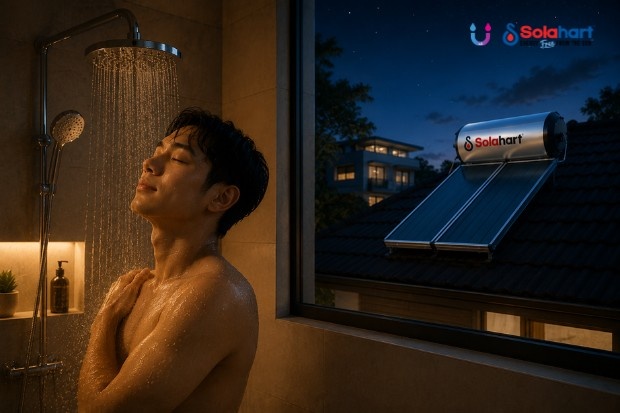 Solusi mandi malam untuk menikmati waktu istirahat dengan air hangat dari pemanas air tenaga surya Solahart, memberikan kenyamanan dan relaksasi setelah beraktivitas seharian.