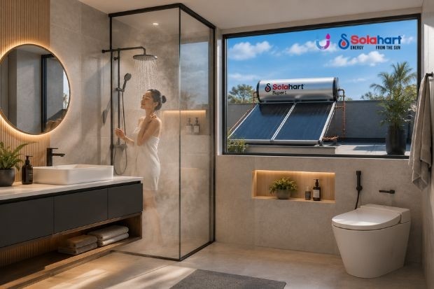Solusi mandi nyaman di kamar mandi modern dengan fasilitas air hangat dari solar water heater untuk kenyamanan keluarga