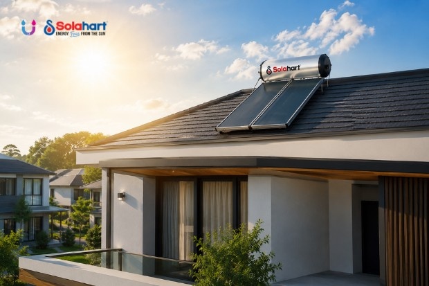 Solusi mandi dengan nyaman menjadi bagian dari rumah modern dengan pemanas air tenaga surya Solahart yang terpasang di atap, menghadirkan air hangat hemat energi untuk kebutuhan keluarga sehari hari.